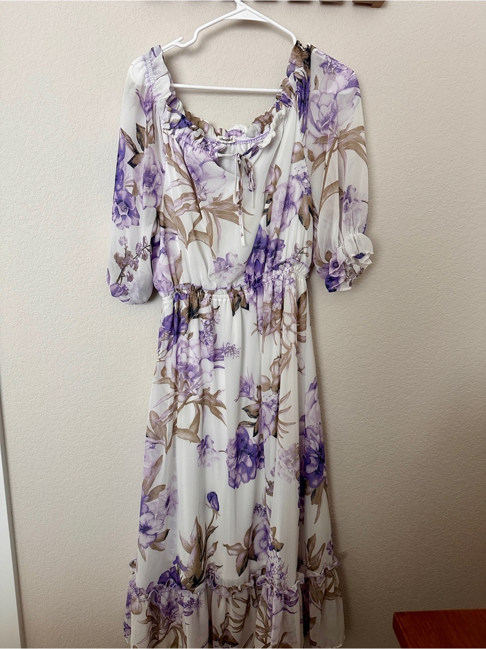 Women’s White Midi Dress with Lavender Floral Print